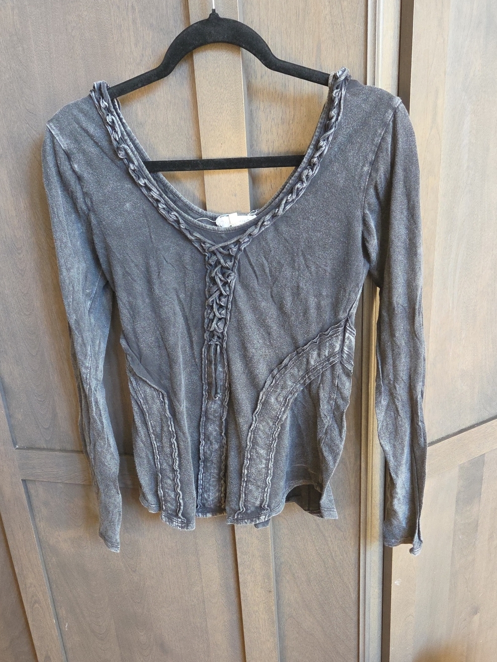 Gilded Intent Washed Gray Long-Sleeve Braided V-Neck Top
